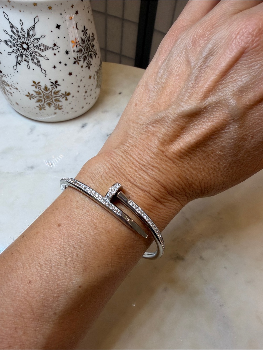 Elegant Silver Crystal Nail-Style Cuff Bracelet Stainless Steel.